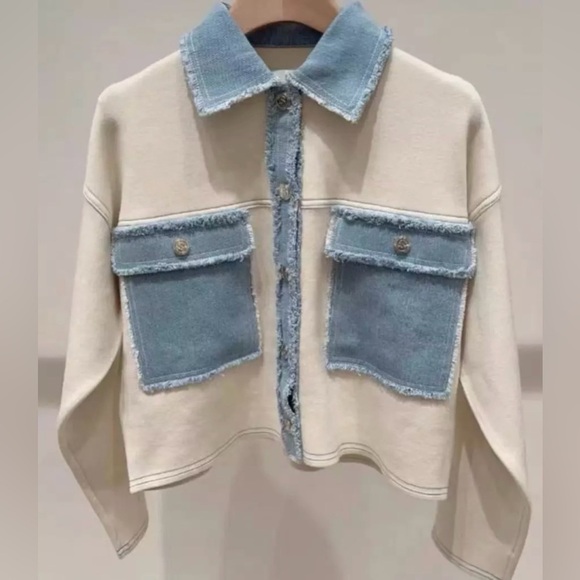 Nanette Lepore Tops - Nanette Lepore Ecru & Light Denim Cropped Jacket | Size M |
